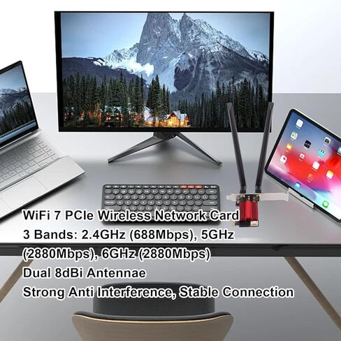 بطاقة لاسلكية CUIFATI WiFi 7 PCIe، محول شبكة سطح المكتب بنطاق 6400 ميجابت في الثانية 6G 5G 2.4G مع هوائيات مزدوجة 8dBi in Kuwait