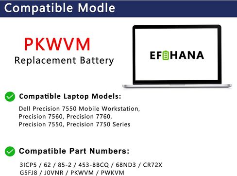 PKWVM استبدال بطارية الكمبيوتر المحمول لـ Dell Precision 7550 7560 7760 7550 7750 Series 3ICP5/62/85-2 453-BBCQ 68ND3 0CR72X C903V CR72X 068N03 0447VR G5FJ8 J0VNR 17C06 447VR 11.4 فولت 95 وات في الساعة 7922 مللي أمبير في الساعة 6 خلايا in Kuwait