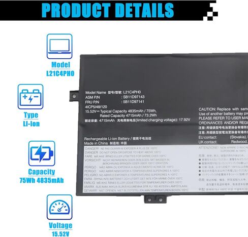 استبدال بطارية الكمبيوتر المحمول L21C4PH0 SB11D97143 لجهاز Lenovo IdeaPad Yoga 9-14IAP7 النوع 82LU/ Yoga 9-14IRP8 النوع 83B1 Series L21B4PH0 L21D4PH0 SB11D97136 5B11D97137 5B11D97146 SB11D97147 15.52 فولت 75 وات في الساعة in Kuwait