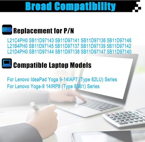 استبدال بطارية الكمبيوتر المحمول L21C4PH0 SB11D97143 لجهاز Lenovo IdeaPad Yoga 9-14IAP7 النوع 82LU/ Yoga 9-14IRP8 النوع 83B1 Series L21B4PH0 L21D4PH0 SB11D97136 5B11D97137 5B11D97146 SB11D97147 15.52 فولت 75 وات في الساعة in Kuwait