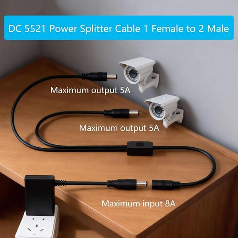 DC 5521 1 Female to 2 Male Power Splitter Cable 1.5FT, 18AWG 5.5 x 2.1mm Y Adapter Power Cord for Surveillance Cameras, LED Lights & 5521 Devices - 2 Pack in Kuwait