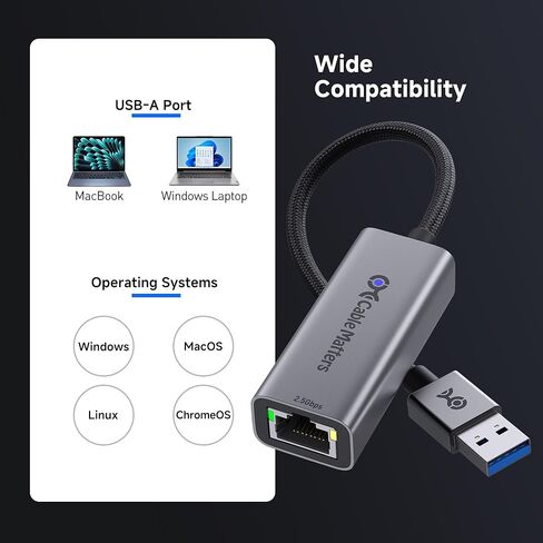 Cable Matters USB to 2.5Gb Ethernet Adapter, USBA to RJ45 Network Adapter with 2500Mbps Speed, Plug & Play USB to Ethernet Adapter for Windows, macOS, Linux, ChromeOS, Laptop, Desktop in Kuwait