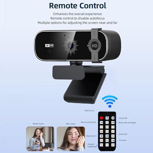 Webcam, 4K Ultra HD 3840x2160 Resolution with Auto Focus 0.7s Dual Omnidirectional Microphones Remote Control Privacy Cover, for Live Streaming in Kuwait
