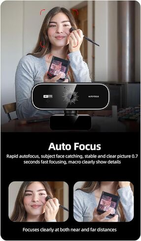 Webcam, 4K Ultra HD 3840x2160 Resolution with Auto Focus 0.7s Dual Omnidirectional Microphones Remote Control Privacy Cover, for Live Streaming in Kuwait