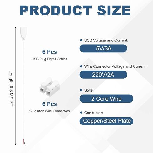 MECCANIXITY 6Pcs USB Plug Pigtail, 0.3 M/1 FT Female Short Power Cable 22AWG 5V 3A USB-C Plug with 2-Position Wire Connector for USB Type A Equipment Installed or Replacement Repair DIY, White in Kuwait