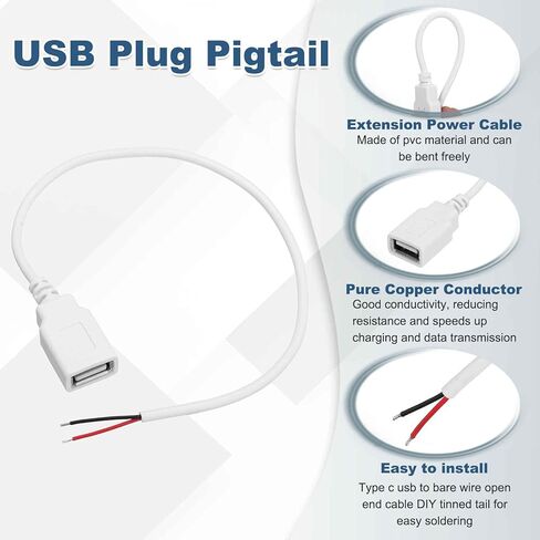 MECCANIXITY 6Pcs USB Plug Pigtail, 0.3 M/1 FT Female Short Power Cable 22AWG 5V 3A USB-C Plug with 2-Position Wire Connector for USB Type A Equipment Installed or Replacement Repair DIY, White in Kuwait