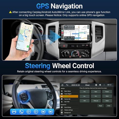 ستيريو راديو السيارة 9 بوصات لسيارة Toyota Tacoma 2005-2015 مع شاشة Carplay Android Auto Mirrorlink، شاشة لمس Linux سريعة التشغيل، وحدة رأس Bluetooth/FM/SWC + كاميرا احتياطية in Kuwait