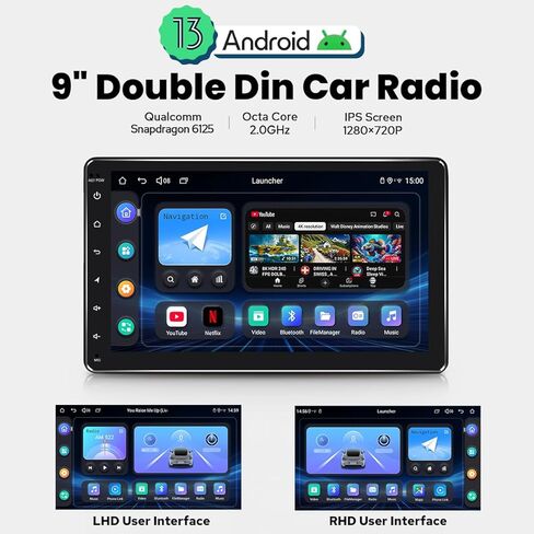 JOYING Double Din راديو السيارة 9 بوصة تعمل باللمس سيارة ستيريو Android 13 وحدة رئيسية 4 جيجابايت + 64 جيجابايت مع Android Auto/Carplay/مرآة Link/Bluetooth/AM/FM راديو (JY-UT139N4) in Kuwait