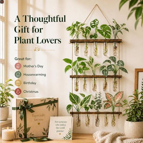 Monsiter QE 3 Tier Large Propagation Stations Wall Hanging Plant Terrarium with Wooden Stand, Retro Propagation Test Tube for Hydroponic Plants Cutting Flower, Propagator Home Office Patio Decor-Brown in Saudi Arabia