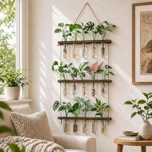 Monsiter QE 3 Tier Large Propagation Stations Wall Hanging Plant Terrarium with Wooden Stand, Retro Propagation Test Tube for Hydroponic Plants Cutting Flower, Propagator Home Office Patio Decor-Brown in Saudi Arabia