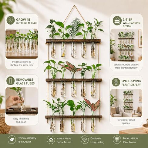 Monsiter QE 3 Tier Large Propagation Stations Wall Hanging Plant Terrarium with Wooden Stand, Retro Propagation Test Tube for Hydroponic Plants Cutting Flower, Propagator Home Office Patio Decor-Brown in Saudi Arabia