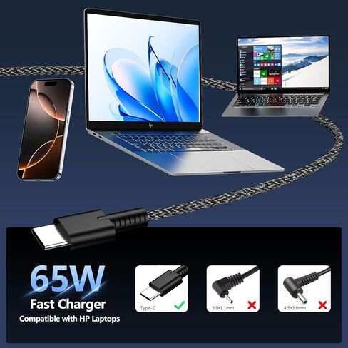 شاحن كمبيوتر محمول USB C نحيف 65 وات متوافق مع HP Elitebook 840 850 860 830 835 845 865 640 650 655 1040 G8 G9 G10 G11، Elitebook 8/6/Ultra/X/X Flip Notebook Next Gen AI PC محول الطاقة in Kuwait