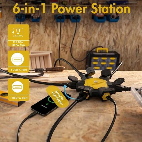 محول طاقة خارجي سداسي بأربعة منافذ، صنبور منفذ مركز طاقة 6 في 1، مع منفذ شحن USB-A وUSB-C، وقاطع دائرة 15 أمبير قابل لإعادة الضبط ومؤشر، لورشة العمل وموقع العمل والمرآب in Kuwait