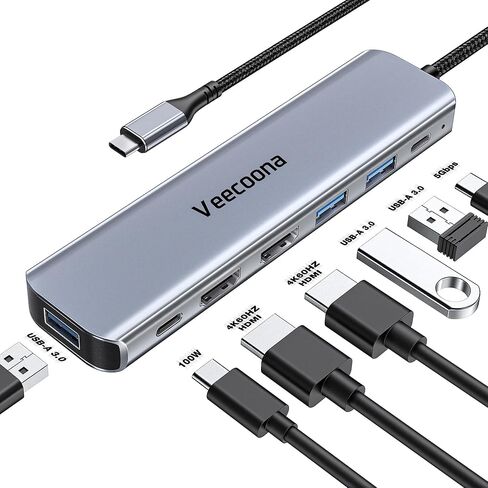 محول USB C إلى HDMI مزدوج، محطة إرساء 7 في 1، شاشة مزدوجة، 3 منافذ بيانات USB-A، 100 وات PD، موزع HDMI للكمبيوتر المحمول بشاشة ممتدة USB C لأجهزة MacBook وHP وDell والمزيد in Kuwait
