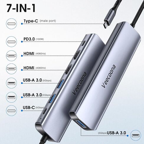 محول USB C إلى HDMI مزدوج، محطة إرساء 7 في 1، شاشة مزدوجة، 3 منافذ بيانات USB-A، 100 وات PD، موزع HDMI للكمبيوتر المحمول بشاشة ممتدة USB C لأجهزة MacBook وHP وDell والمزيد in Kuwait