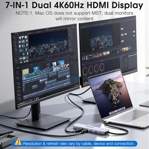 محول USB C إلى HDMI مزدوج، محطة إرساء 7 في 1، شاشة مزدوجة، 3 منافذ بيانات USB-A، 100 وات PD، موزع HDMI للكمبيوتر المحمول بشاشة ممتدة USB C لأجهزة MacBook وHP وDell والمزيد in Kuwait