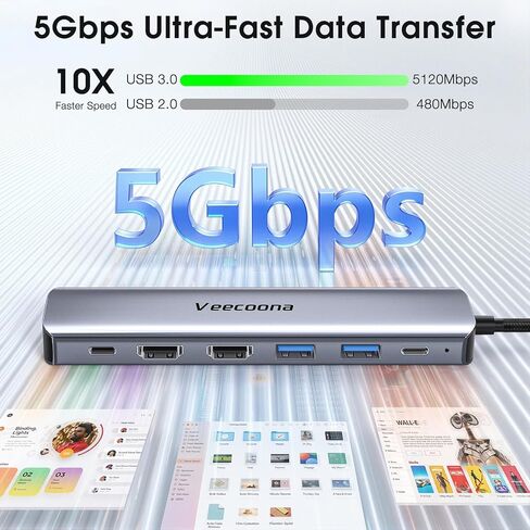 محول USB C إلى HDMI مزدوج، محطة إرساء 7 في 1، شاشة مزدوجة، 3 منافذ بيانات USB-A، 100 وات PD، موزع HDMI للكمبيوتر المحمول بشاشة ممتدة USB C لأجهزة MacBook وHP وDell والمزيد in Kuwait