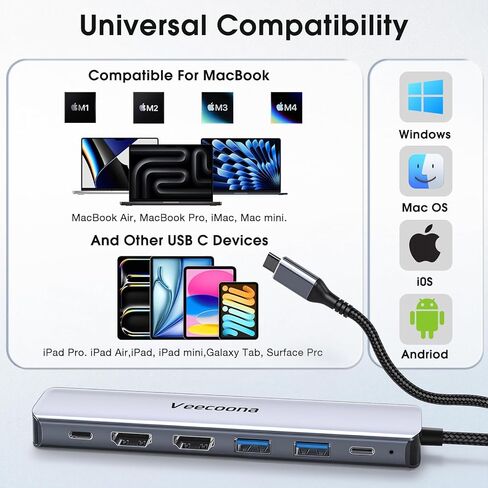 محول USB C إلى HDMI مزدوج، محطة إرساء 7 في 1، شاشة مزدوجة، 3 منافذ بيانات USB-A، 100 وات PD، موزع HDMI للكمبيوتر المحمول بشاشة ممتدة USB C لأجهزة MacBook وHP وDell والمزيد in Kuwait