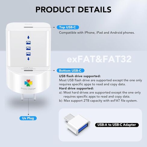 iDiskk 20W GaN USB-C Charger, Auto Backup While Charging for iPhone 16/15/14/13/12 iPad Android, Works with USB Flash Drive, No Subscription Photo Video Backup in Kuwait