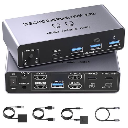 USB-C+HDM KVM Switch 2 Monitors 2 Computers - 8K@60Hz 4K@60Hz USB C KVM Switch Dual Monitor for Laptop & Desktop to Share 2 Monitor and 4 USB3.0 Devices, 100W PD Charging, with Type C Cable/Controller in Kuwait
