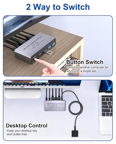 USB-C+HDM KVM Switch 2 Monitors 2 Computers - 8K@60Hz 4K@60Hz USB C KVM Switch Dual Monitor for Laptop & Desktop to Share 2 Monitor and 4 USB3.0 Devices, 100W PD Charging, with Type C Cable/Controller in Kuwait