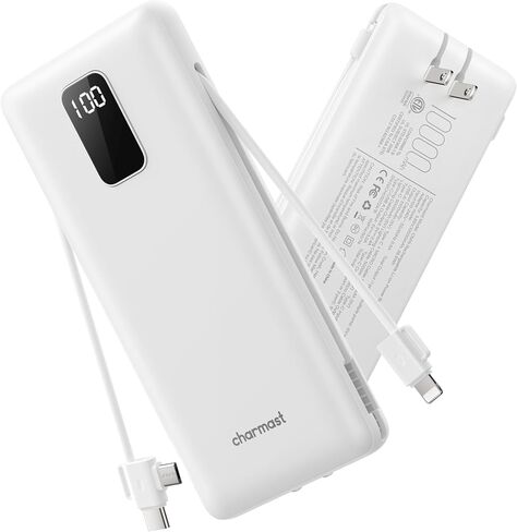 شاحن محمول من تشارماست مع كابلات وقابس مدمج، بنك طاقة USB C بقدرة 10000 مللي أمبير في الساعة، شحن سريع، حزمة بطارية خارجية نحيفة، أساسيات السفر المتوافقة مع هواتف iPhone وSamsung Galaxy وiPad in Kuwait