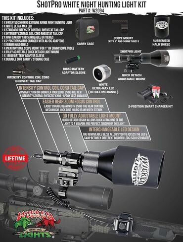 مجموعة مصابيح الصيد الليلية البيضاء الطويلة المدى ShotPro من Wicked Lights مع مصابيح LED بيضاء فائقة الحد للذئب والثعلب والبوبكات والخنازير والحيوانات المفترسة W2094 in Kuwait