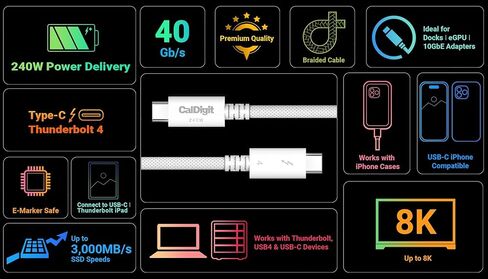 كابل CalDigit Thunderbolt 4 Pro المضفر - توصيل طاقة 40 جيجابت في الثانية 240 وات، متوافق مع Thunderbolt 3، Thunderbolt 5، USB4 النوع C، MacBook Pro، iMac، iPhone 17 (Pro 1m Thunderbolt 4/USB4، أبيض) in Kuwait