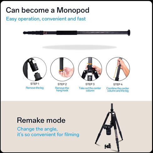 Fotopro 96" Camera Tripod for Travel, Carbon Fiber Stand with Detachable Monopod, Lightweight Portable Mount with 360 Ball Head, QR Plate for Camera DSLR, Macro Photography, 26.5 lbs Load, X-75C in Kuwait