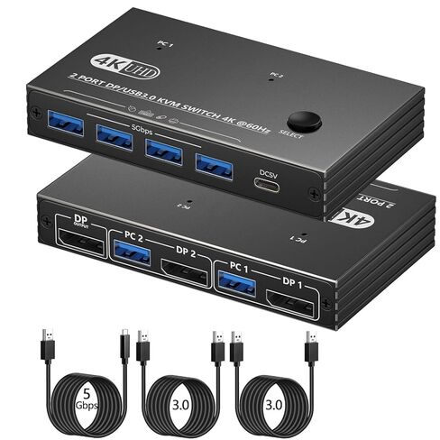DisplayPort KVM Switch 1 Monitors 2 Computers - 4K@60Hz Display Port Switcher for Two Computers, DP KVM Switches with 4 USB 3.0 Ports Share Keyboard Mouse Printer for 2 PC Laptop Game Console in Kuwait