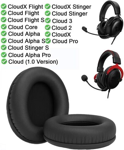 وسائد أذن بديلة متوافقة مع سماعات Hyper-X Cloud 1/2/3/Pro/Core/Alpha/Alpha S/Flight/Stinger/Mix/CloudX - وسائد أذن من جلد البروتين الناعم + 4 قطع أغطية إسفنجية إضافية للميكروفون (أسود) in Kuwait