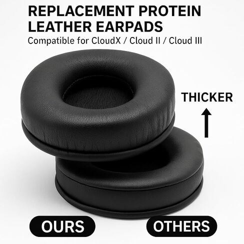وسائد أذن بديلة متوافقة مع سماعات Hyper-X Cloud 1/2/3/Pro/Core/Alpha/Alpha S/Flight/Stinger/Mix/CloudX - وسائد أذن من جلد البروتين الناعم + 4 قطع أغطية إسفنجية إضافية للميكروفون (أسود) in Kuwait
