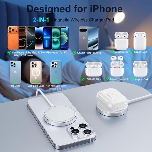 Qi2 Wireless Charger - 15W Magnetic Wireless Charging Pad for iPhone 17/16/15/14/13/12 Series with Ultra-Thin Aluminum, Includes 25W Adapter Travel & Desk Essential, Gaming in Kuwait