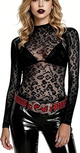 Leopard Lace Long Sleeve Fishnet Tops Slim Fit Douck Neck Mele Mesh Tee Plouse Terts for Women Out Clubwear in Saudi Arabia