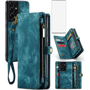 Asuwish Phone Case for Samsung Galaxy S21 Ultra Glaxay S21ultra 5G Zipper Wallet Cover with Tempered Glass Screen Protector and Flip Card Holder Cell Accessories Gaxaly 21S S 21 21ultra G5 Women Blue in Kuwait