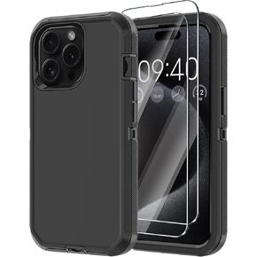 for iPhone 15 Pro Max Case with 2 Screen Protector,Shockproof Drop Protection Full Body Heavy Duty 3-Layer Military Rugged Durable Phone Cover for Apple iPhone 15 Pro Max 6.7" (Black) in Saudi Arabia