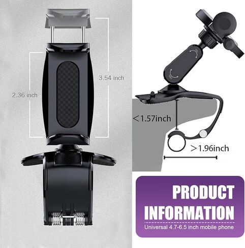 Car Dashboard Phone Holder, 360 Degree Rotation Clip-on Mobile Phone Mount, Anti-Shake Sun Visor Rearview Mirror Navigation Holder, Fits 4-7 Inch Phones Universal for Most Cars (Black) in Kuwait