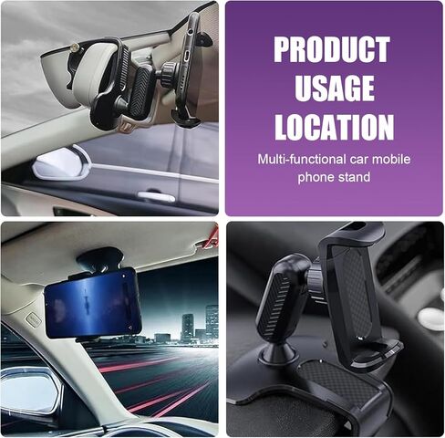 Car Dashboard Phone Holder, 360 Degree Rotation Clip-on Mobile Phone Mount, Anti-Shake Sun Visor Rearview Mirror Navigation Holder, Fits 4-7 Inch Phones Universal for Most Cars (Black) in Kuwait