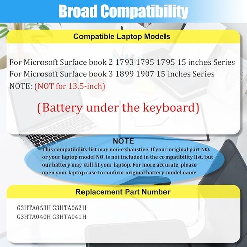 استبدال بطارية G3HTA063H لجهاز Microsoft Surface Book 3 1907 1899 15 بوصة Surface Book 2 1793 1795 1813 بطارية لوحة المفاتيح سلسلة 15 بوصة G3HTA062H G3HTA040H G3HTA041H 62.2Wh in Kuwait