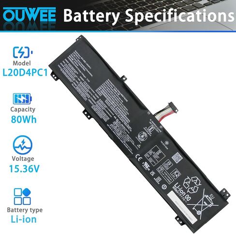 L20D4PC1 Laptop Battery Compatible with Lenovo Legion 5 Pro-16ACH616lTH6 16lTH6H Series L20C4PC1 L20L4PC1 SB11B48821 5B11B48829 SB11B48822 80 Wh 5210mAh 15.36 V in Kuwait