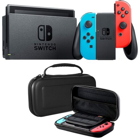 مجموعة Nintendo Switch باللون الأزرق النيون والأحمر Joy Con مع حقيبة حمل ذات غلاف صلب من Deco Gear (متجددة) in Kuwait