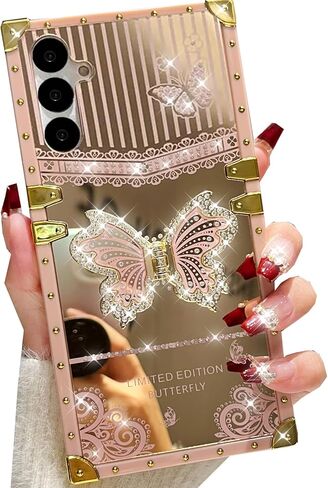 Changjia for Samsung Galaxy A17/A16 5G Kickstand Case, Cute Luxury Glitter Bling Sparkly Diamond Butterfly Foldable Stand Elegant Mirror Shockproof Women Girls Protective Cover for Galaxy A17/A16,Pink in Kuwait