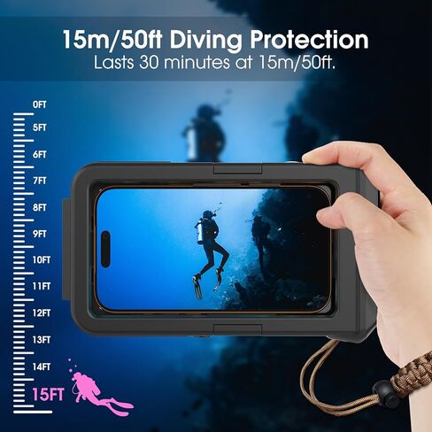 2026 Underwater Snorkeling Diving Phone Case for iPhone 17/16/15/14/13/ Pro Max/XR/XS/.[50ft/15m] Professional Scuba Dive Waterproof Case Underwater Photo Video（Apple Models-Left） 5G- Black Frame in Kuwait