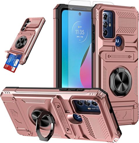 Phone Case for Motorola Moto G Play 2024 4G with Tempered Glass Screen Protector Card Slots Ring Stand Soft Silicone Bumper Hybrid Two Layer Defender for XT2413V XT2413-1 64GB Black in Saudi Arabia