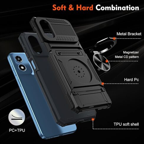 Phone Case for Motorola Moto G Play 2024 4G with Tempered Glass Screen Protector Card Slots Ring Stand Soft Silicone Bumper Hybrid Two Layer Defender for XT2413V XT2413-1 64GB Black in Saudi Arabia