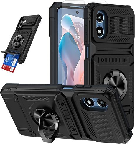 Phone Case for Motorola Moto G Play 2024 4G with Tempered Glass Screen Protector Card Slots Ring Stand Soft Silicone Bumper Hybrid Two Layer Defender for XT2413V XT2413-1 64GB Black in Saudi Arabia