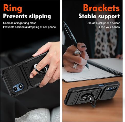 Phone Case for Motorola Moto G Play 2024 4G with Tempered Glass Screen Protector Card Slots Ring Stand Soft Silicone Bumper Hybrid Two Layer Defender for XT2413V XT2413-1 64GB Black in Saudi Arabia