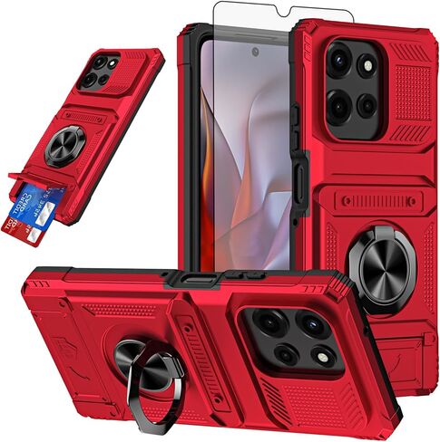 Phone Case for Motorola Moto G Play 2024 4G with Tempered Glass Screen Protector Card Slots Ring Stand Soft Silicone Bumper Hybrid Two Layer Defender for XT2413V XT2413-1 64GB Black in Saudi Arabia