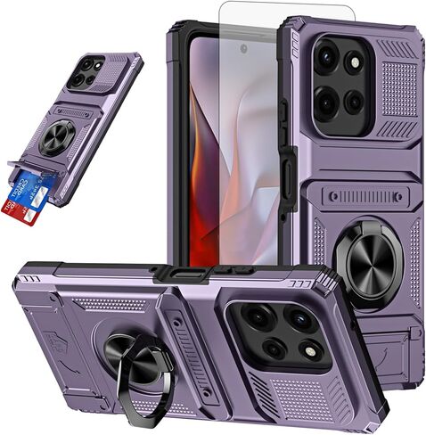 Phone Case for Motorola Moto G Play 2024 4G with Tempered Glass Screen Protector Card Slots Ring Stand Soft Silicone Bumper Hybrid Two Layer Defender for XT2413V XT2413-1 64GB Black in Saudi Arabia