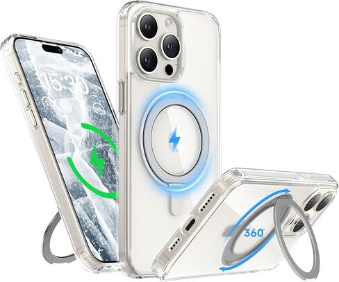 حافظة لهاتف iPhone 15 Pro Max مقاس 6.7 بوصة مع حامل حلقي مغناطيسي 360 درجة متوافق مع غطاء هاتف واقٍ مقاوم للصدمات من الكريستال الشفاف MagSafe مقاس 6.7 بوصات 2023، شفاف in Kuwait